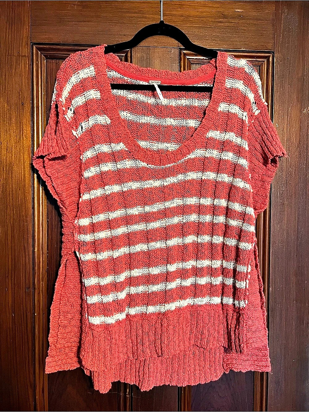 Free People Coral Cream Striped Oversized Open Knit Sweater L
